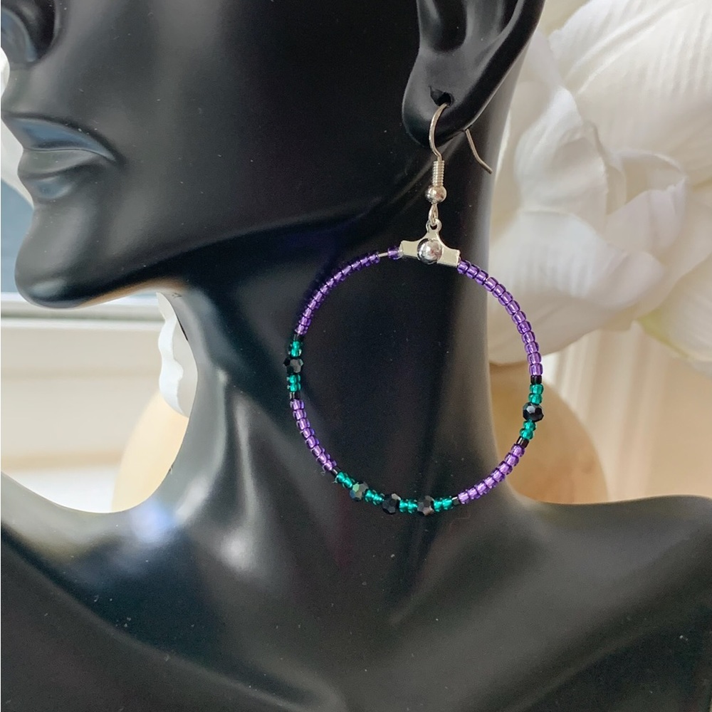 Handmade Beaded Hoop Earrings in Purple and Teal